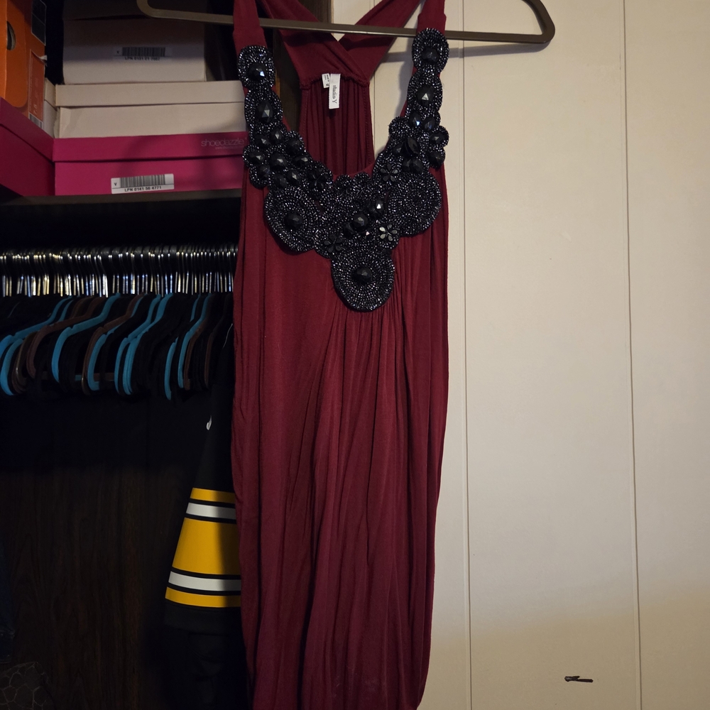 Studio Y Burgundy Dress with Intricate Black Embellishments